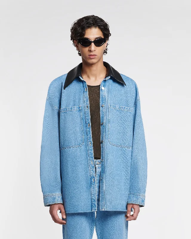 Beaux - Leather-Trimmed Denim Shirt - Mid Blue