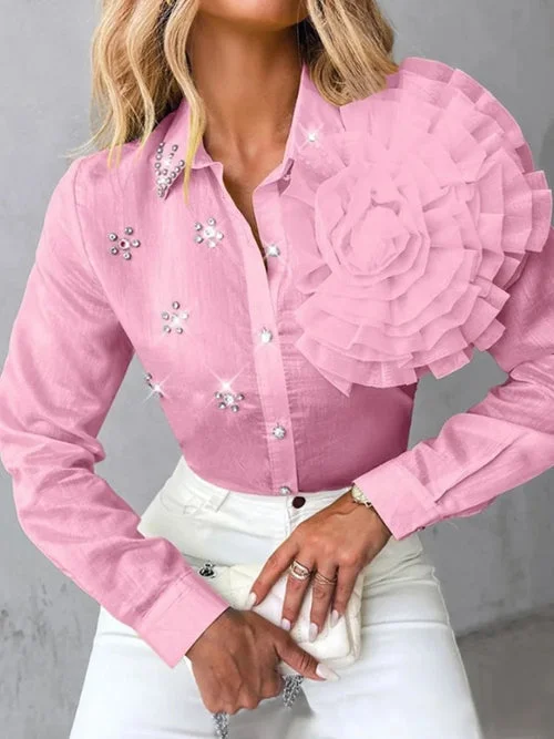 Rose Detail Rhinestone Decor Single Breasted Shirt