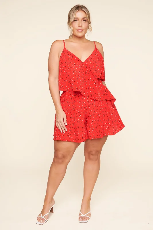 Encantar Cece Floral Print Ruffle Romper Curve