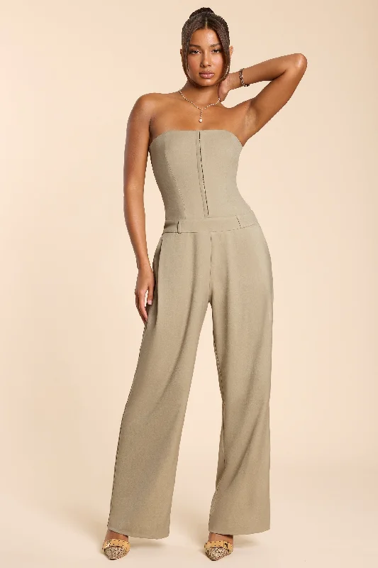 Brushed Twill Bandeau Corset Jumpsuit in Taupe