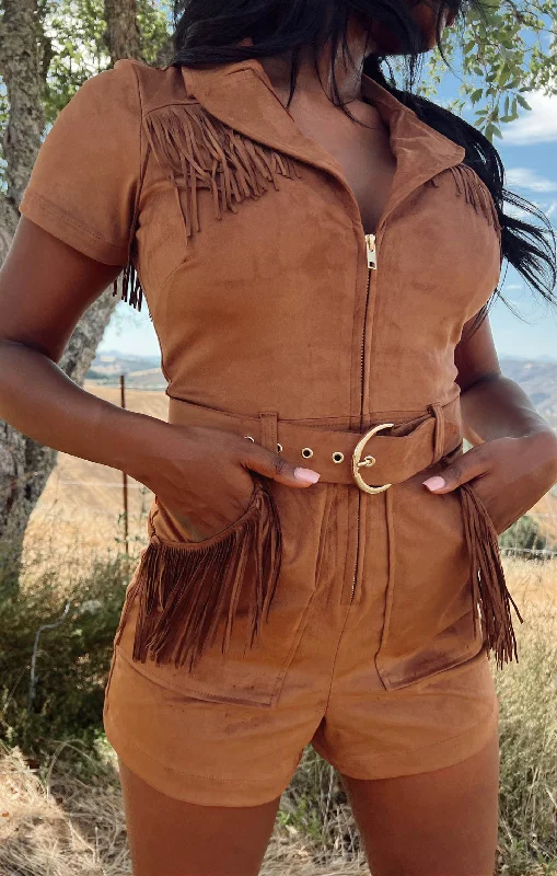 Outlaw Romper ~ Cognac Fringe Faux Suede