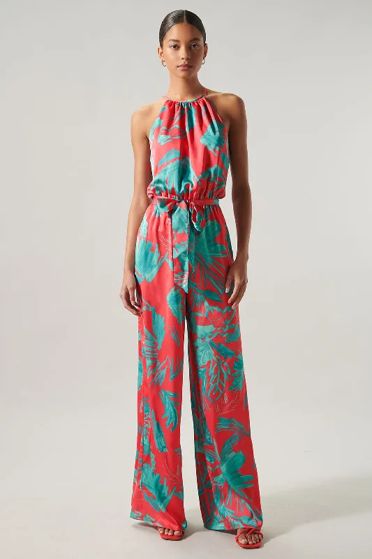 Palm Tropics Satin Lighthearted Trapeze Jumpsuit