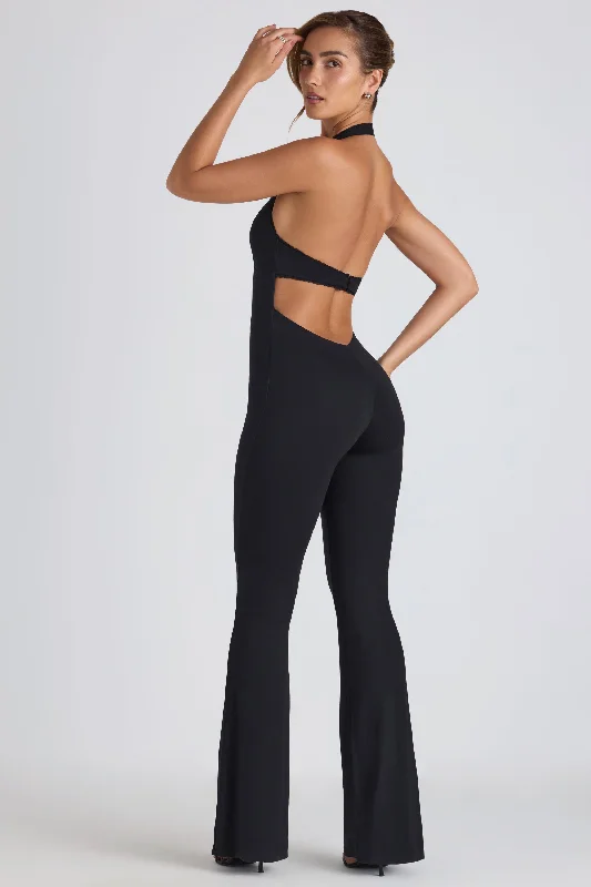 Modal Lace-Trim Cut-Out Flared Jumpsuit in Black