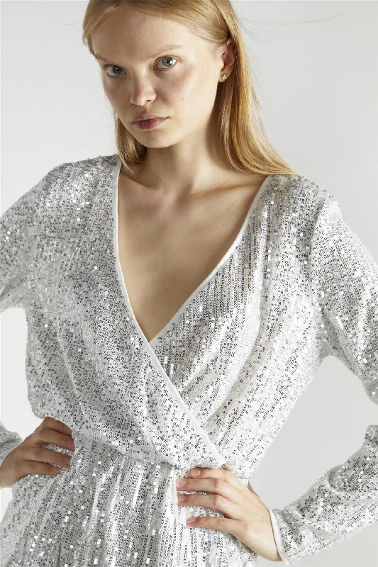 Silver-Sequin-Sequin Wrap-Front Long Sleeve Playsuit